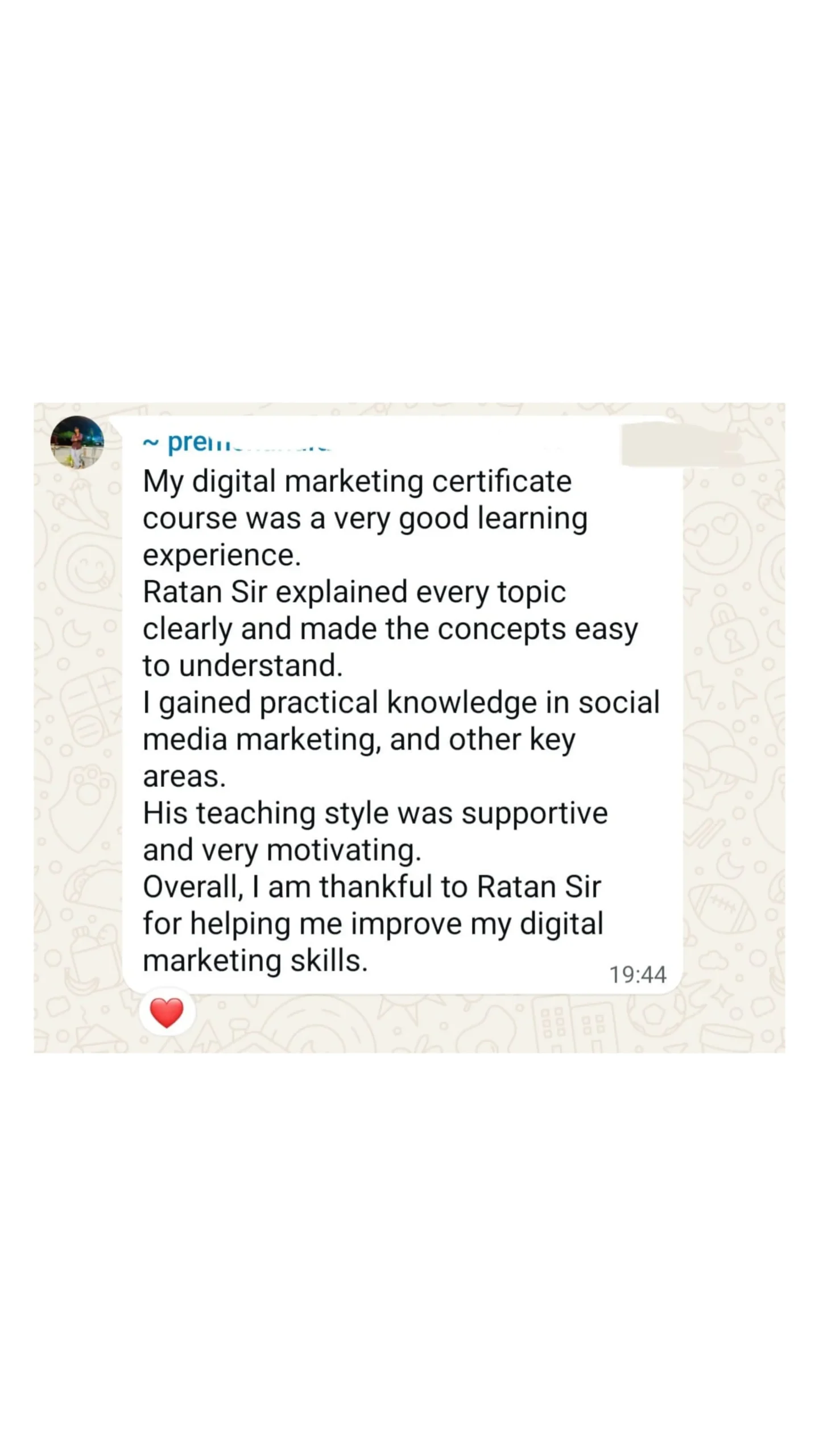 Student testimonial sharing experience with Javrium Digital Marketing Academy
