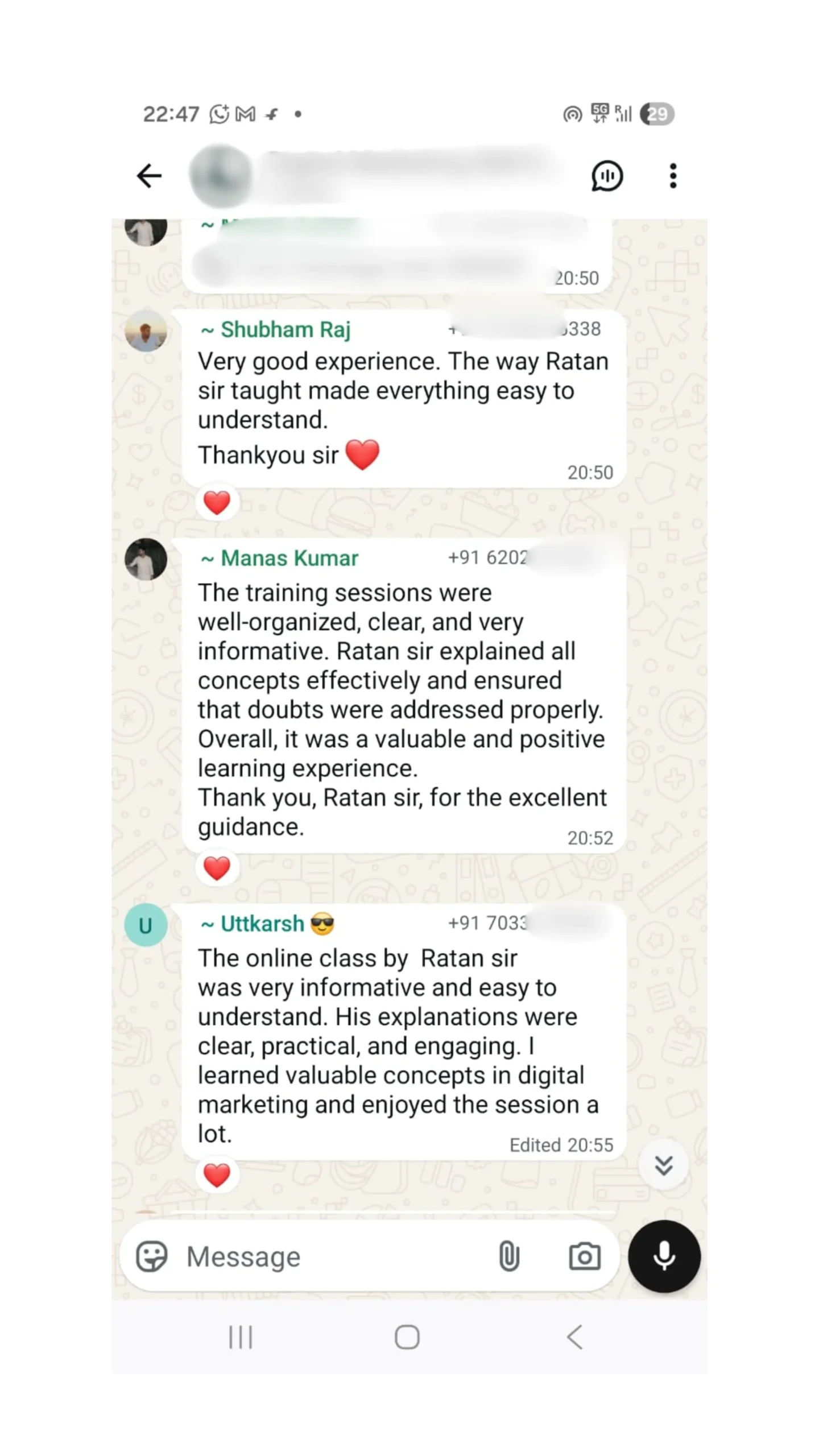 Student testimonial sharing experience with Javrium Digital Marketing Academy
