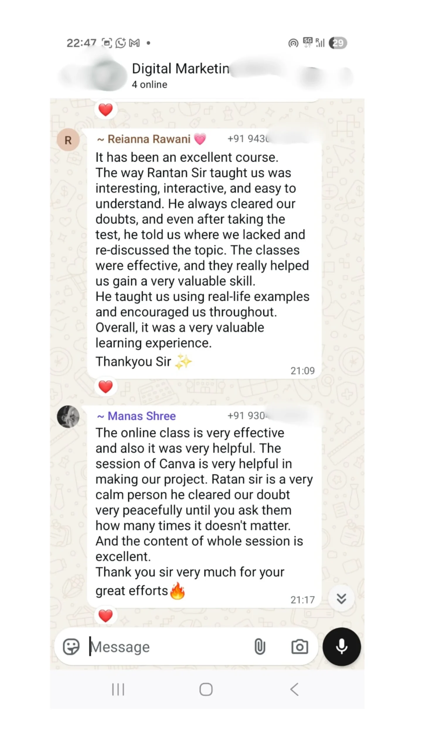 Student testimonial sharing experience with Javrium Digital Marketing Academy