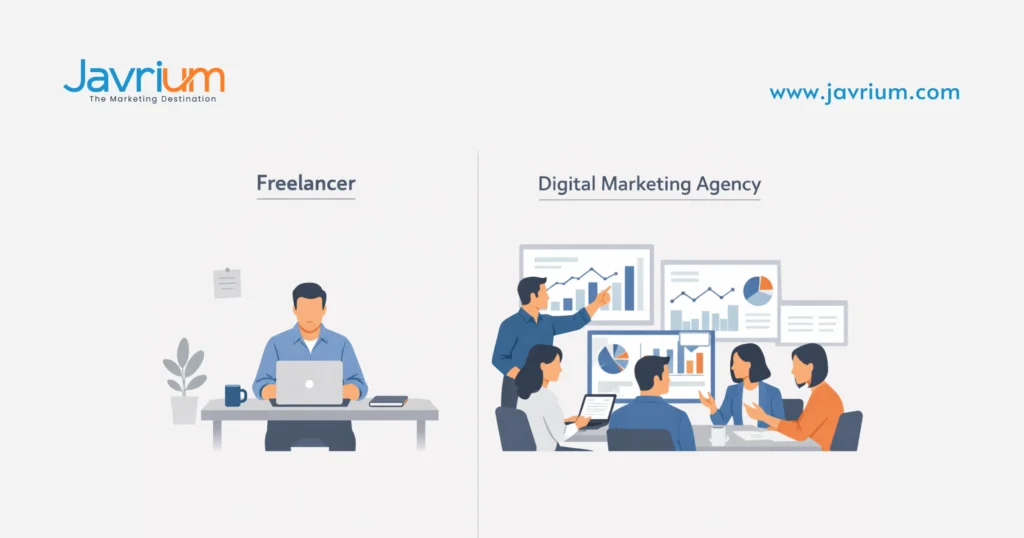Split-screen comparison illustration showing a freelancer working alone at a laptop on the left and a digital marketing agency team collaborating around multiple screens with charts and dashboards on the right, representing individual flexibility versus structured, scalable teamwork | Freelancer vs Digital Marketing Agency | Javrium