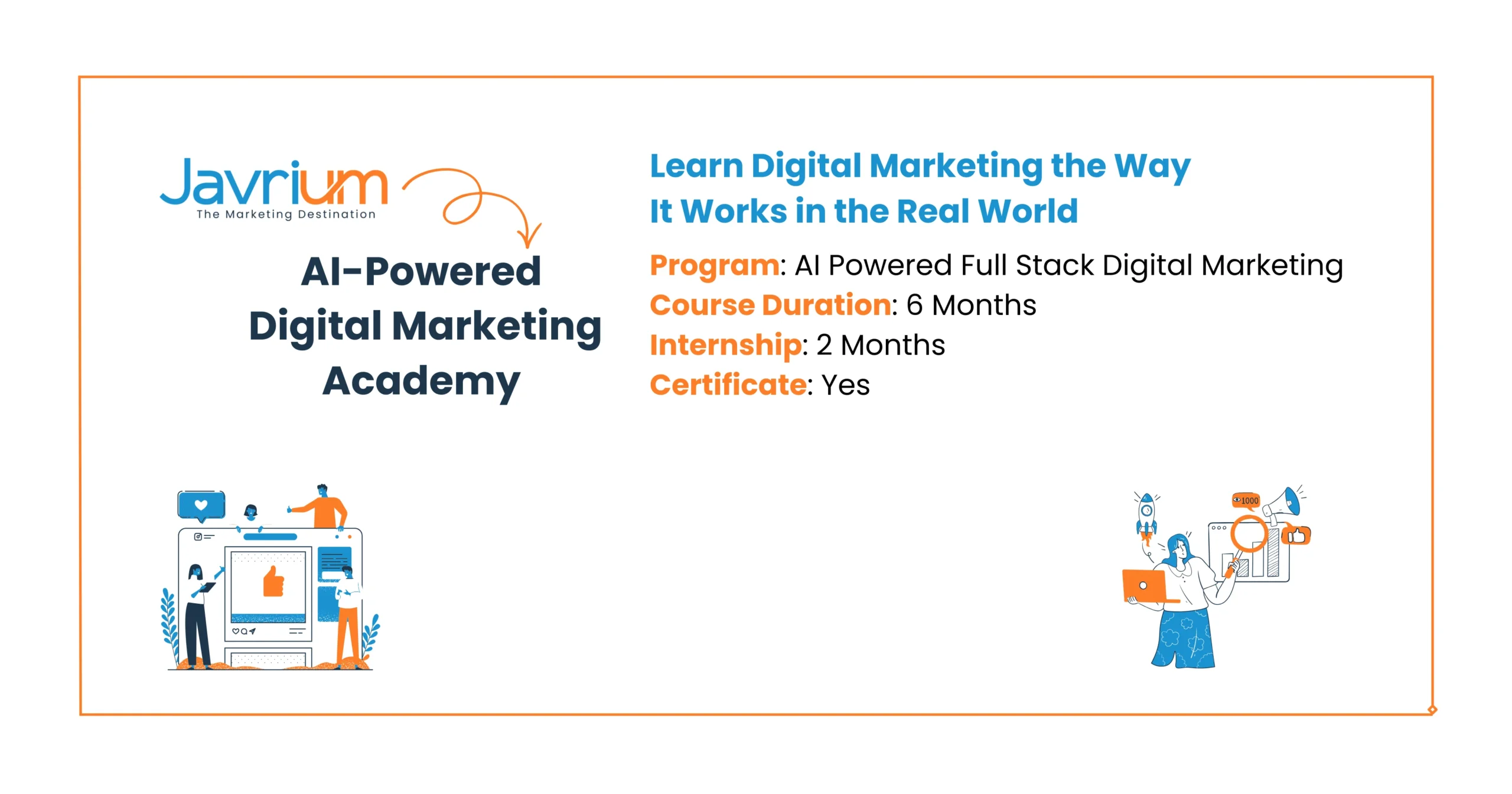 Javrium AI-powered digital marketing academy showcasing a 6-month full-stack digital marketing program with a 2-month internship.