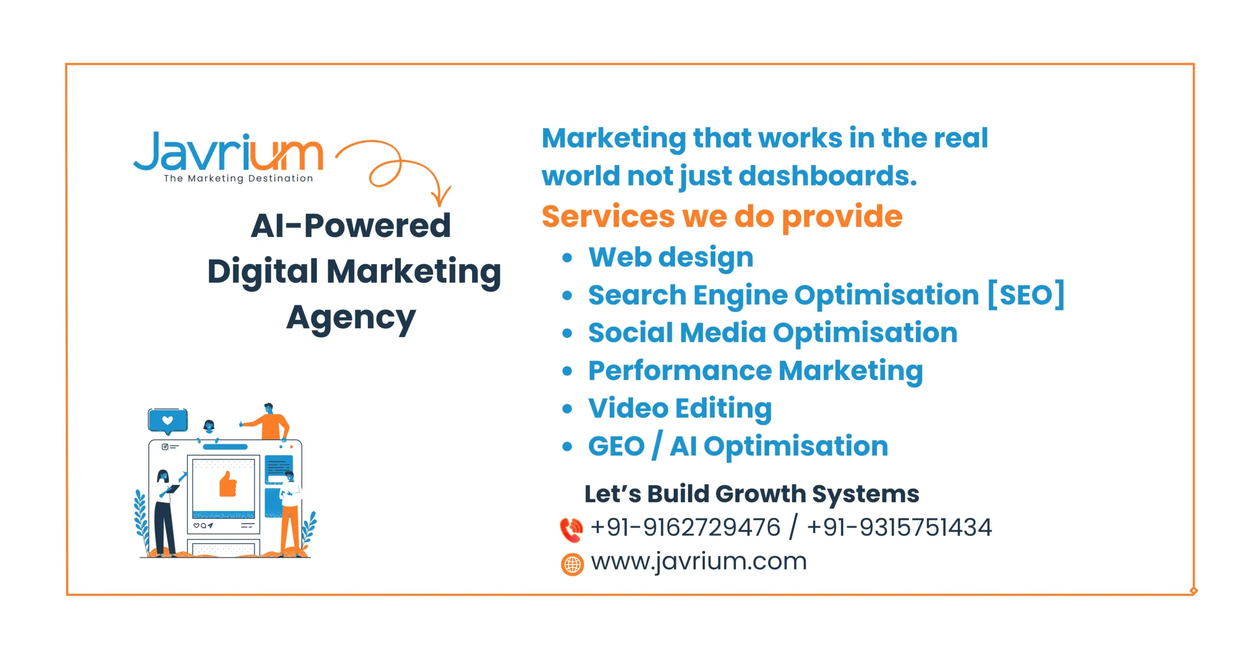 AI-Powered Digital Marketing Agency banner by Javrium showcasing services like Web Design, SEO, Social Media Optimization, Performance Marketing, Video Editing, and GEO/AI Optimization with contact details.